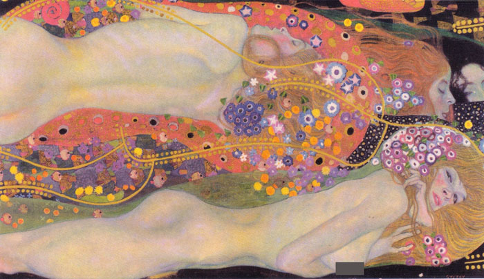 Water Serpents II by Gustav Klimt, 1907, oil painting features a group of four water nymphs, portrayed in lustful bliss