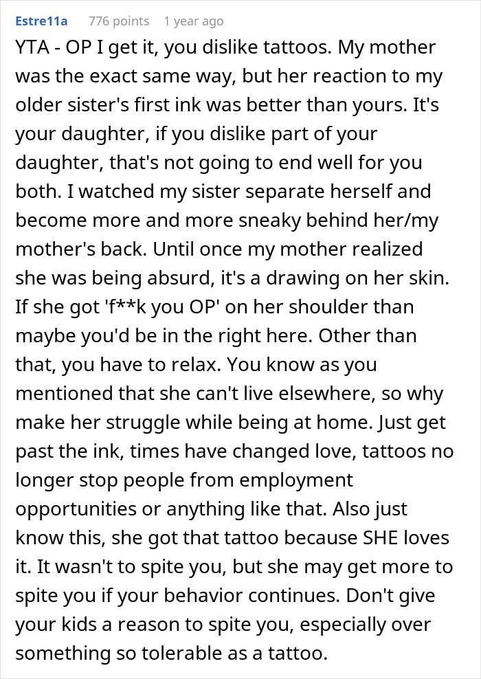 Text discussing a mom's reaction to her daughter's tattoo, offering a reality check on being reasonable and understanding. Text discussing a mom's reaction to her daughter's tattoo, offering a reality check on being reasonable and understanding.