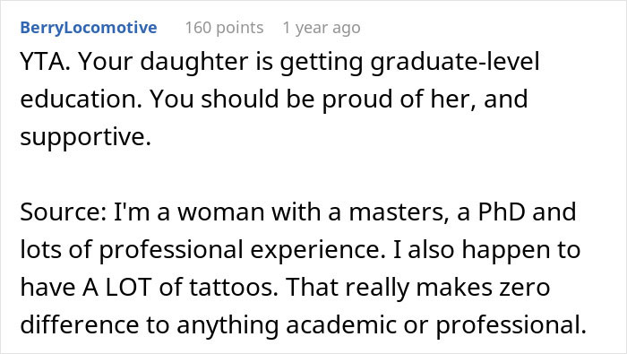Online comment discussing a mom criticizing her daughter over a tattoo, emphasizing pride and support for her education. Online comment discussing a mom criticizing her daughter over a tattoo, emphasizing pride and support for her education.