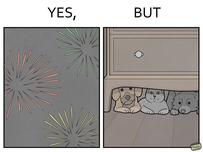 Illustration from Yes, But series showing fireworks vs pets hiding under a cabinet, depicting societal contradictions.