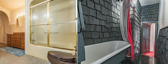 Seen On Redfin: Outdoor Shingles On An Indoor Bathroom. A Brown Toilet. How Would You Know If It's Clean?