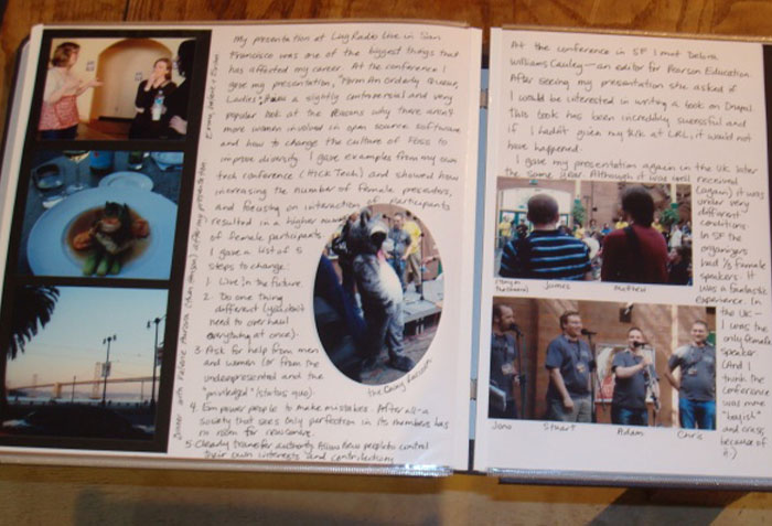 Open scrapbook showing photos, handwritten notes, and people revealing deeply disturbing secrets about someone close.