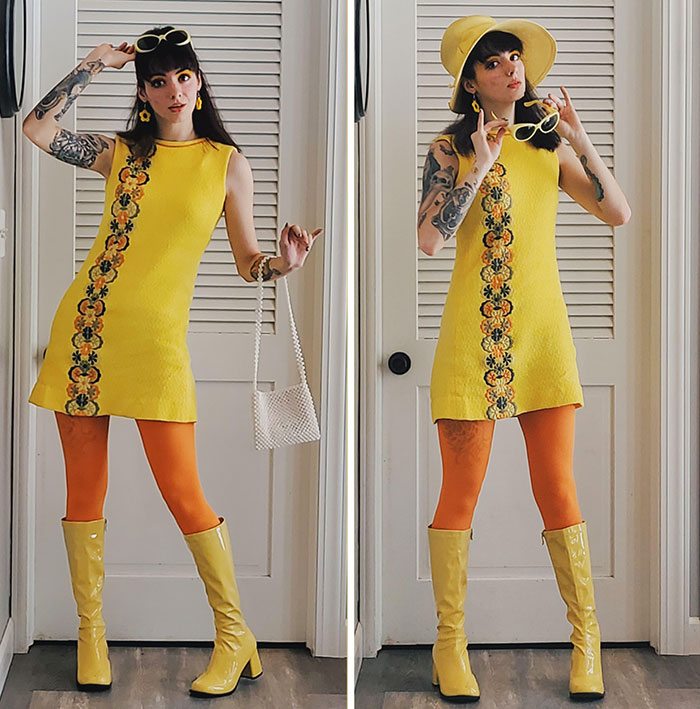 Todo es vintage, excepto las botas. Aún estoy en busca de un bolso amarillo, pero me las arreglo con lo que tengo