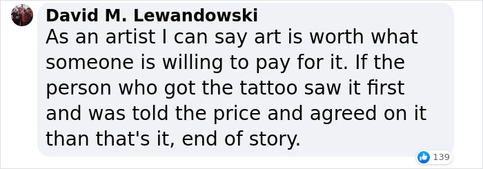 Comment discussing back tattoo pricing debate by a tattoo artist.
