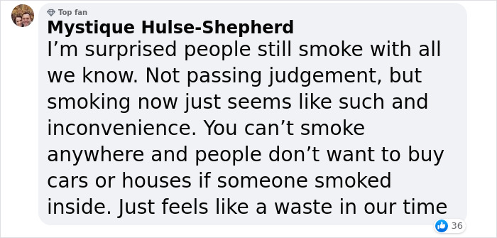 Text screenshot of a social media post reacting to public smoking, discussing its inconvenience and societal views.