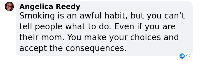Screenshot of a Facebook comment by Angelica Reedy discussing smoking and personal choices.