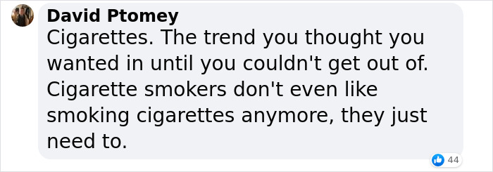 Social media post discussing smoking habits and addiction trends.
