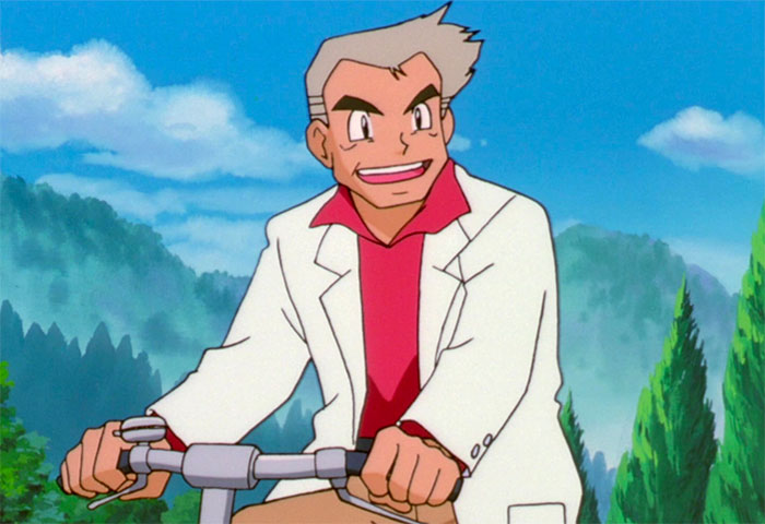 Professor Oak in a white jacket rides a bike in a forest - 77