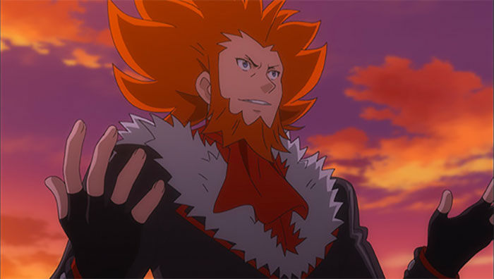 Lysandre standing with his hands spread and orange clouds in the background - 73