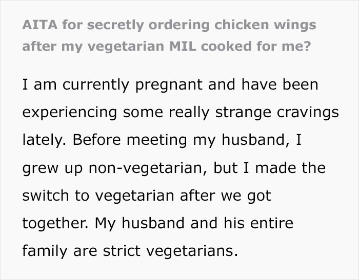 Pregnant Woman Feels Guilty For Ordering Chicken Wings And Upsetting Her Vegetarian MIL, Asks For Advice Online Pregnant Woman Feels Guilty For Ordering Chicken Wings And Upsetting Her Vegetarian MIL, Asks For Advice Online