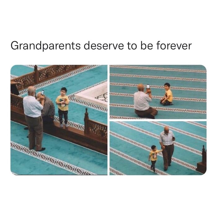 A relatable meme featuring a child and grandfather in a mosque, capturing endearing moments.