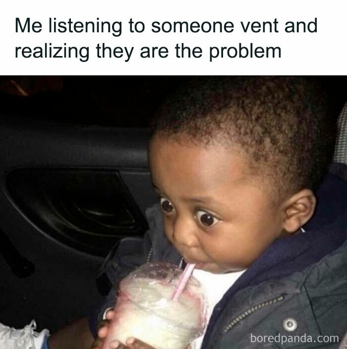 A child sipping a drink with wide eyes, embodying relatable memes.