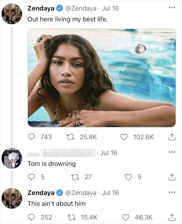 Relatable meme featuring a woman posing in a pool with a humorous social media exchange.