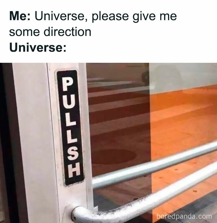 Relatable meme showing a door sign with a typo, humorously responding to a request for direction.