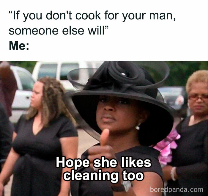 Woman in a black hat giving a thumbs up, embodying a relatable meme about cooking and cleaning expectations.