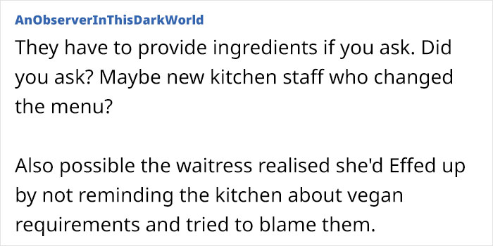 Parent Takes Vegan Daughter To A Restaurant, Waitress Reveals Her 'Vegan' Dish Had Butter In It, Leaving The Parent Livid Parent Takes Vegan Daughter To A Restaurant, Waitress Reveals Her 'Vegan' Dish Had Butter In It, Leaving The Parent Livid