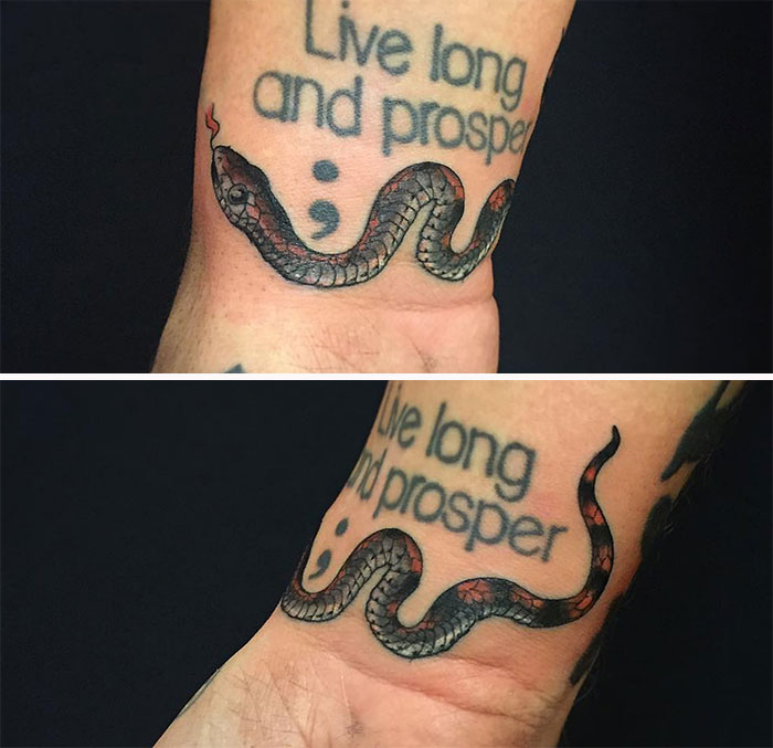 Snake wrist tattoo with "Live long and prosper" text, wrapping around the wrist.