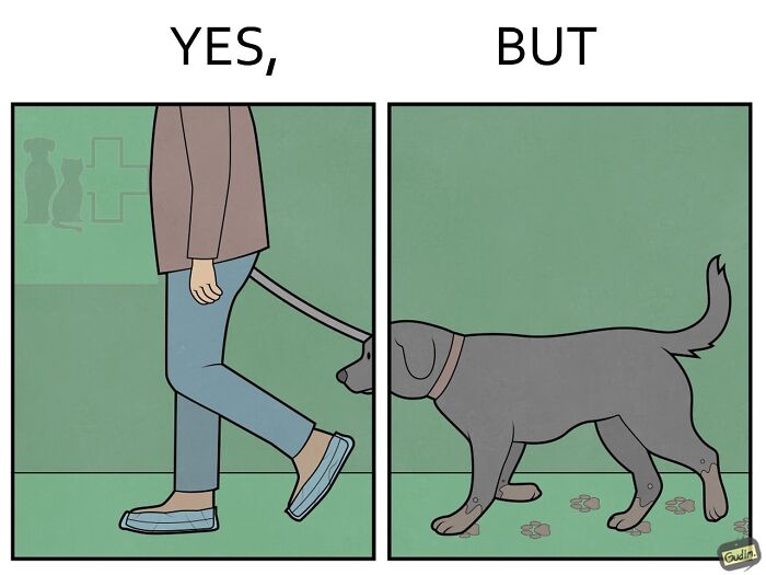 Illustration from series depicting society’s contradictions showing a person walking a dog with contrasting perspectives.