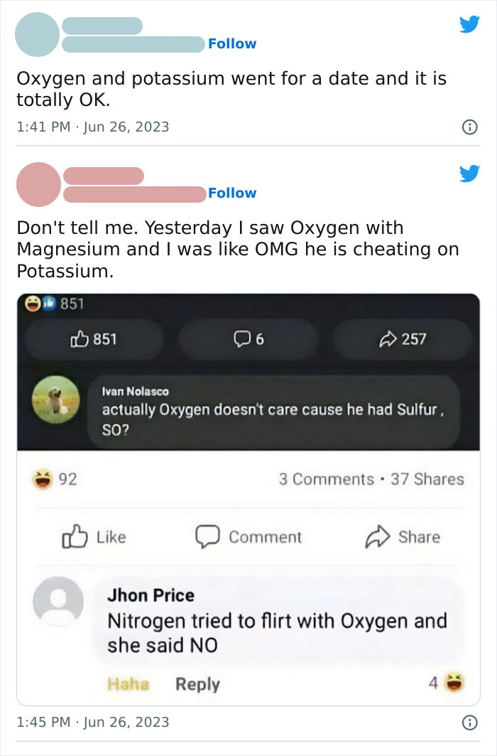 Science memes featuring chemistry jokes about Oxygen, Potassium, Magnesium, and Nitrogen interactions in a social media thread.