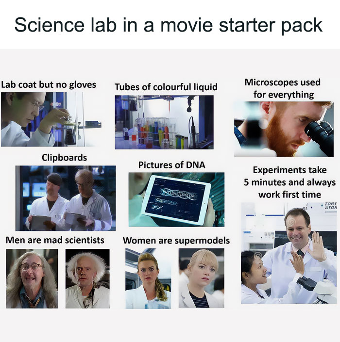 Humorous science memes showing typical movie science lab stereotypes and scientist portrayals in a comedic way.