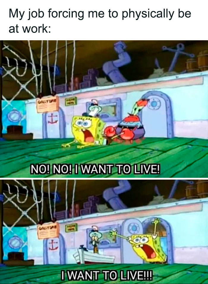 A SpongeBob meme with two panels showing SpongeBob SquarePants in the Krusty Krab restaurant. The text at the top reads, "My job forcing me to physically be at work:" In the first panel, SpongeBob is being pulled by Mr. Krabs, yelling, "NO! NO! I WANT TO LIVE!" In the second panel, SpongeBob, standing with his arms raised, shouts, "I WANT TO LIVE!!!" This meme humorously captures the feeling of desperation and resistance toward having to go to work in person.