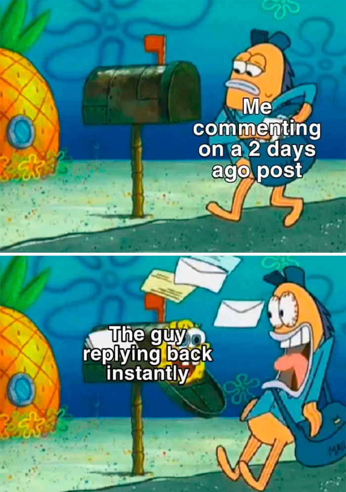 A SpongeBob meme showing a fish character walking up to a mailbox with the text "Me commenting on a 2 days ago post." In the second panel, the same fish is surprised as numerous letters suddenly fly out of the mailbox, with SpongeBob's face visible inside. The text above the letters reads, "The guy replying back instantly," humorously capturing the unexpected speed of an online reply.