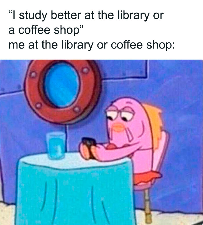  A SpongeBob meme featuring a fish character sitting at a small table in a coffee shop or library, looking distracted while staring at their phone. The text above the image reads, "I study better at the library or a coffee shop," followed by "me at the library or coffee shop," humorously illustrating the lack of productivity while trying to study in public places.