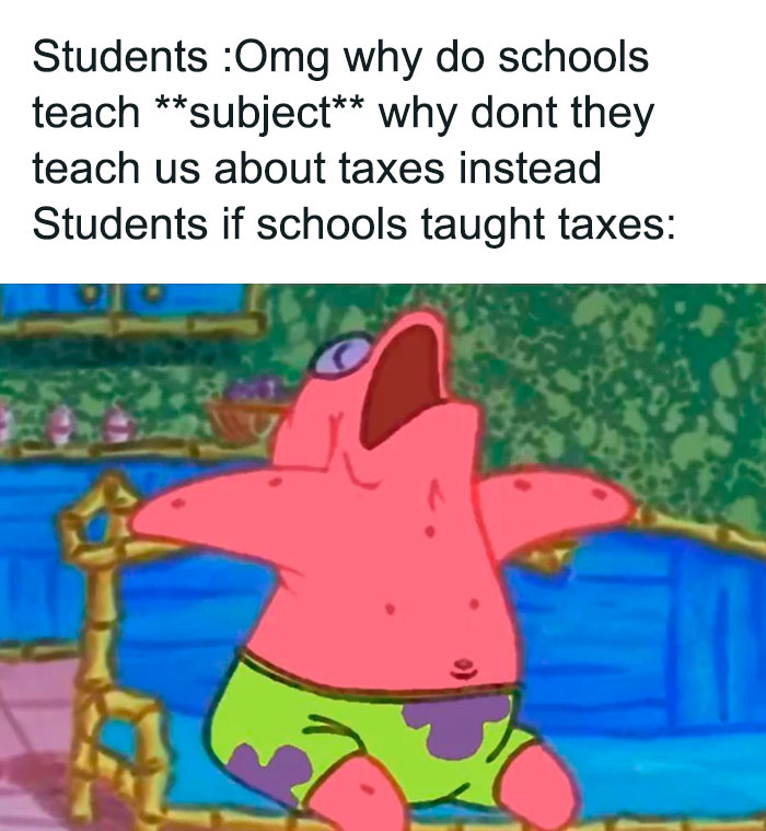  A SpongeBob meme featuring Patrick Star leaning back in a chair with his mouth wide open, representing students' reactions. The text above reads, "Students: Omg why do schools teach subject why don't they teach us about taxes instead," followed by "Students if schools taught taxes," humorously suggesting that students would still react negatively to learning taxes, despite asking for it.