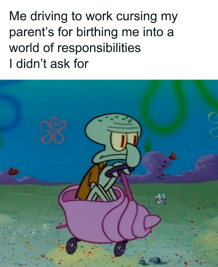A SpongeBob meme featuring Squidward riding a small, comically tiny bike shaped like a pink shell, looking grumpy and annoyed. The text above reads, "Me driving to work cursing my parent’s for birthing me into a world of responsibilities I didn’t ask for," humorously expressing frustration about the burdens of adult life and the responsibilities that come with it.