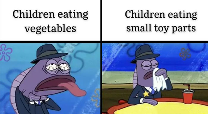 A SpongeBob meme with two panels comparing children's reactions to different situations. The left panel shows a fish character from SpongeBob with a disgusted expression and tongue out, labeled "Children eating vegetables," indicating reluctance and dislike. The right panel shows the same character calmly dabbing his mouth with a napkin, looking satisfied, with the label "Children eating small toy parts," humorously highlighting the irony that children often reject healthy foods but willingly put inedible objects in their mouths.
