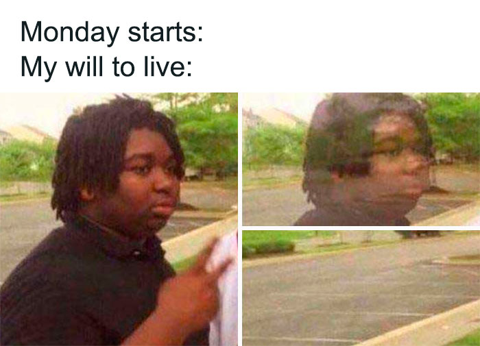 Meme depicting Monday struggles with a blurry effect on a person, humorously showing the feeling of losing motivation.