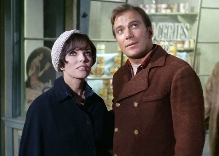 Edith Keeler and Kirk looking up at something