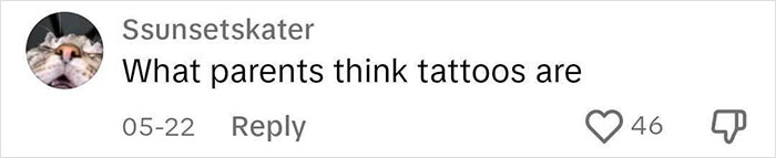 Comment on viral tattoo artist's back piece: "What parents think tattoos are," with 46 likes.