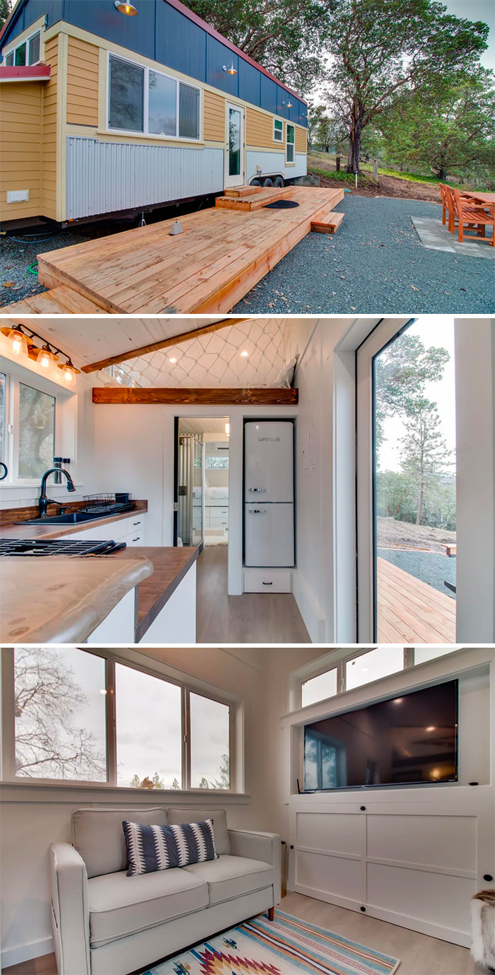 Modern tiny house design with a spacious deck, cozy interior, bright kitchen, and stylish living area.