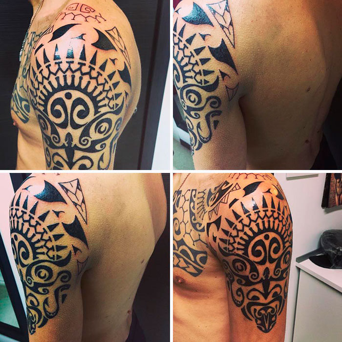 Upper arm showcasing intricate tribal tattoo design in four angles.