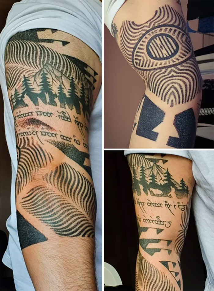 Arm with tribal tattoo designs including trees and abstract patterns, showcasing tribal tattoo inspirations.