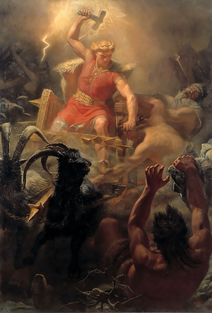 Viking warrior wielding a hammer in battle scene with mythical creatures and stormy background, depicting Viking history.