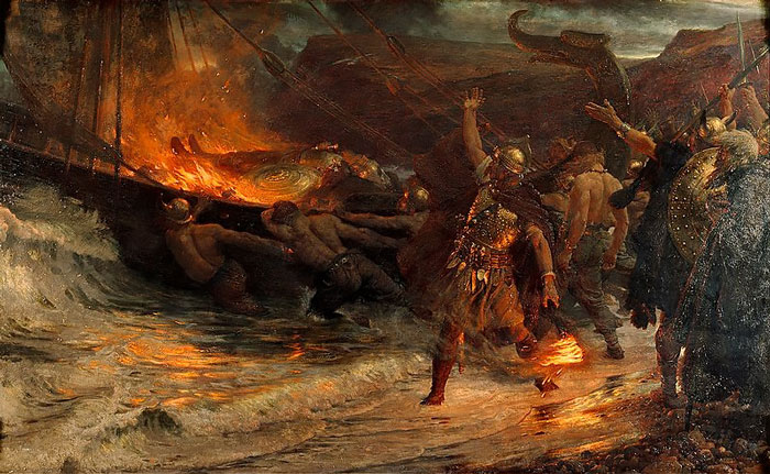 Vikings setting fire to a ship on a rocky shore during a violent raid at night under dark, stormy skies.