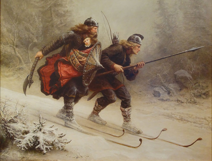 Two Vikings skiing through a snowy forest, armed with a spear and axe, illustrating interesting Viking facts.