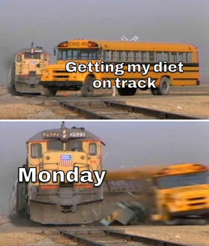 Train hits bus labeled "Monday" meme, humorously illustrating Monday miseries.
