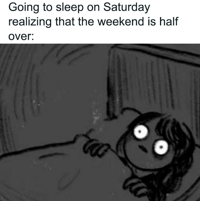 Cartoon person in bed with wide eyes, realizing weekend is half over. Weekend memes convey humor and relatability.