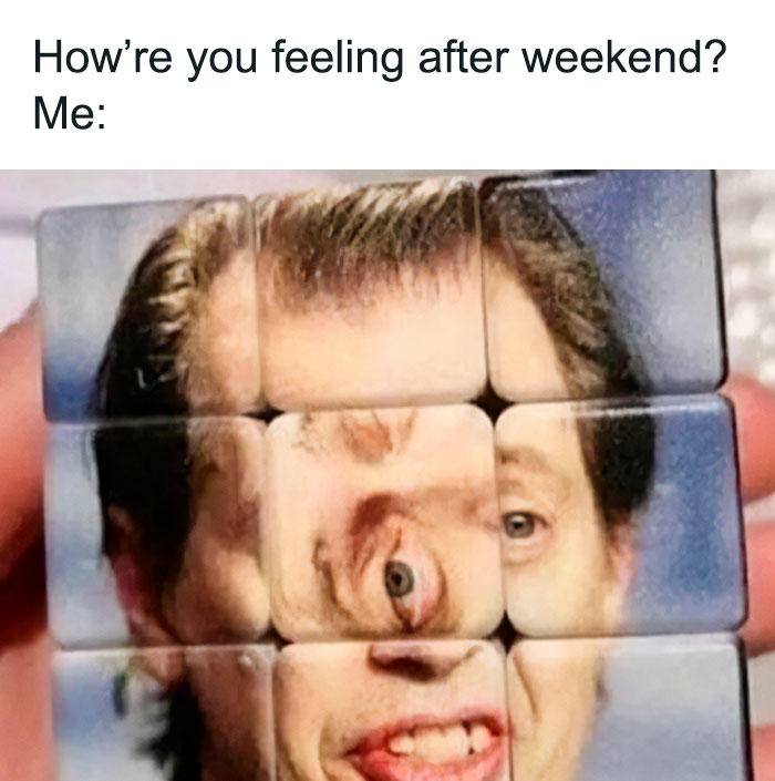 A distorted face on a puzzle block humorously depicts the feeling after a weekend, aligning with witty weekend memes.