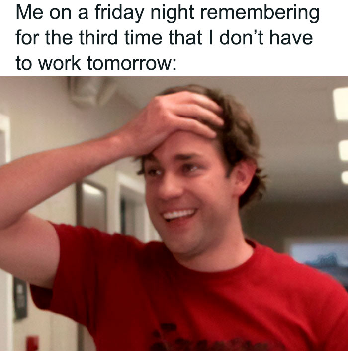 Man in red shirt smiling, hand on forehead, enjoying a witty weekend meme moment.