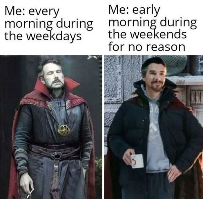 "Witty weekend meme showing contrasting morning moods with a superhero theme."