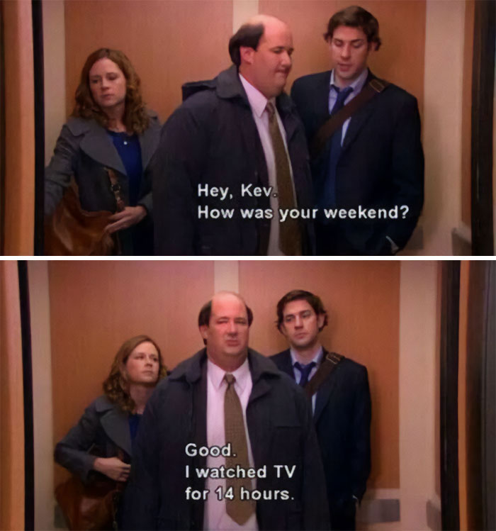 Three people in an elevator with text overlay about a witty weekend watching TV.