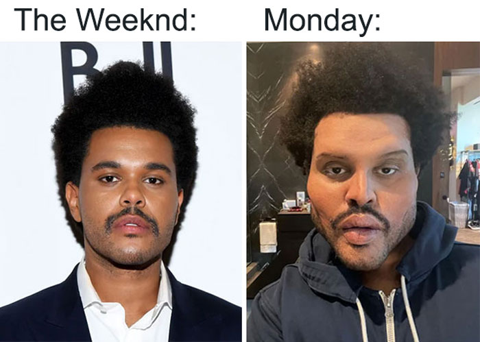 Weekend memes comparing a celebrity's fresh look on the weekend with a tired look on Monday.