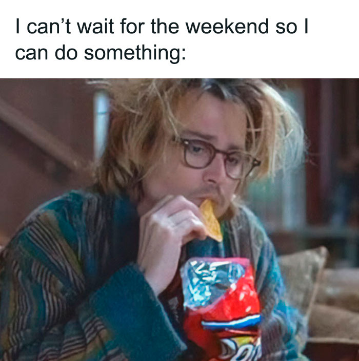 Man with glasses eating chips, representing a witty weekend meme.