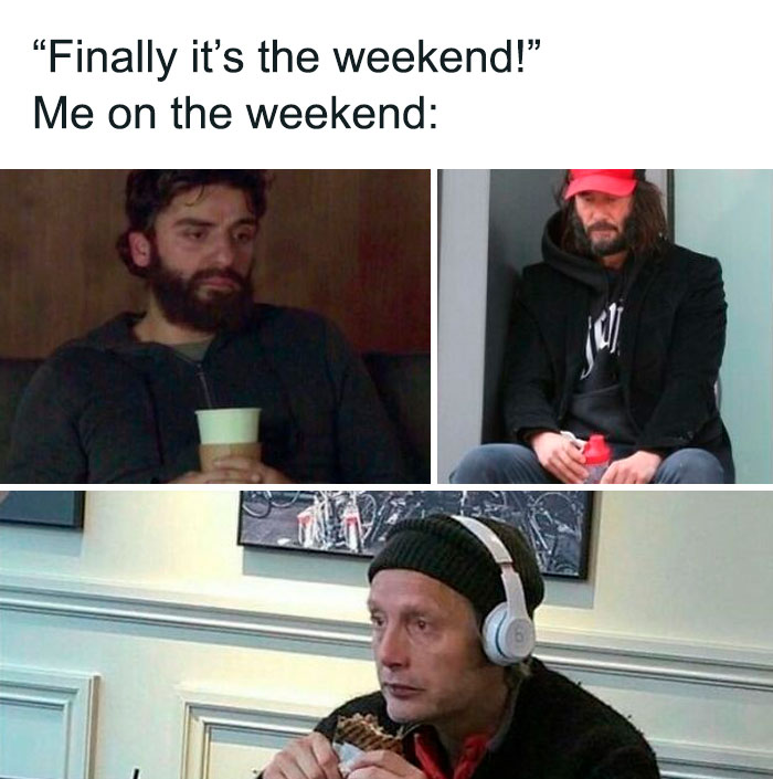 Three men looking tired, representing the wittiest and smartest weekend memes humor.