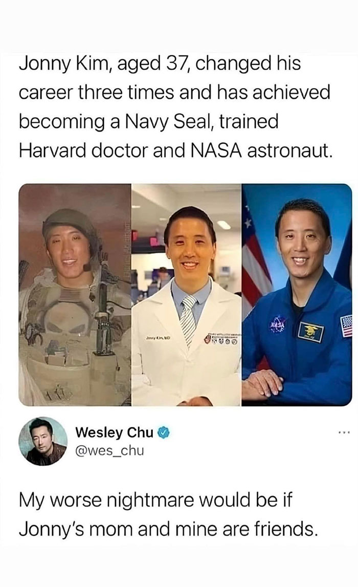 Three images of a man showing career achievements as a Navy Seal, doctor, and astronaut, with a humorous tweet about work and adult life.