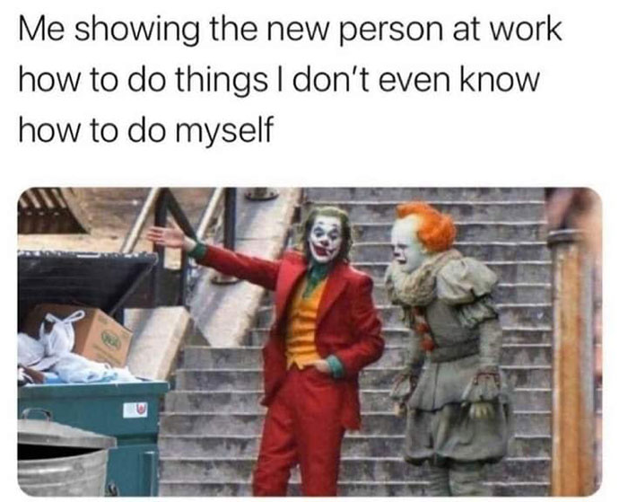 Funny meme about work showing two characters humorously navigating job tasks on stairs.